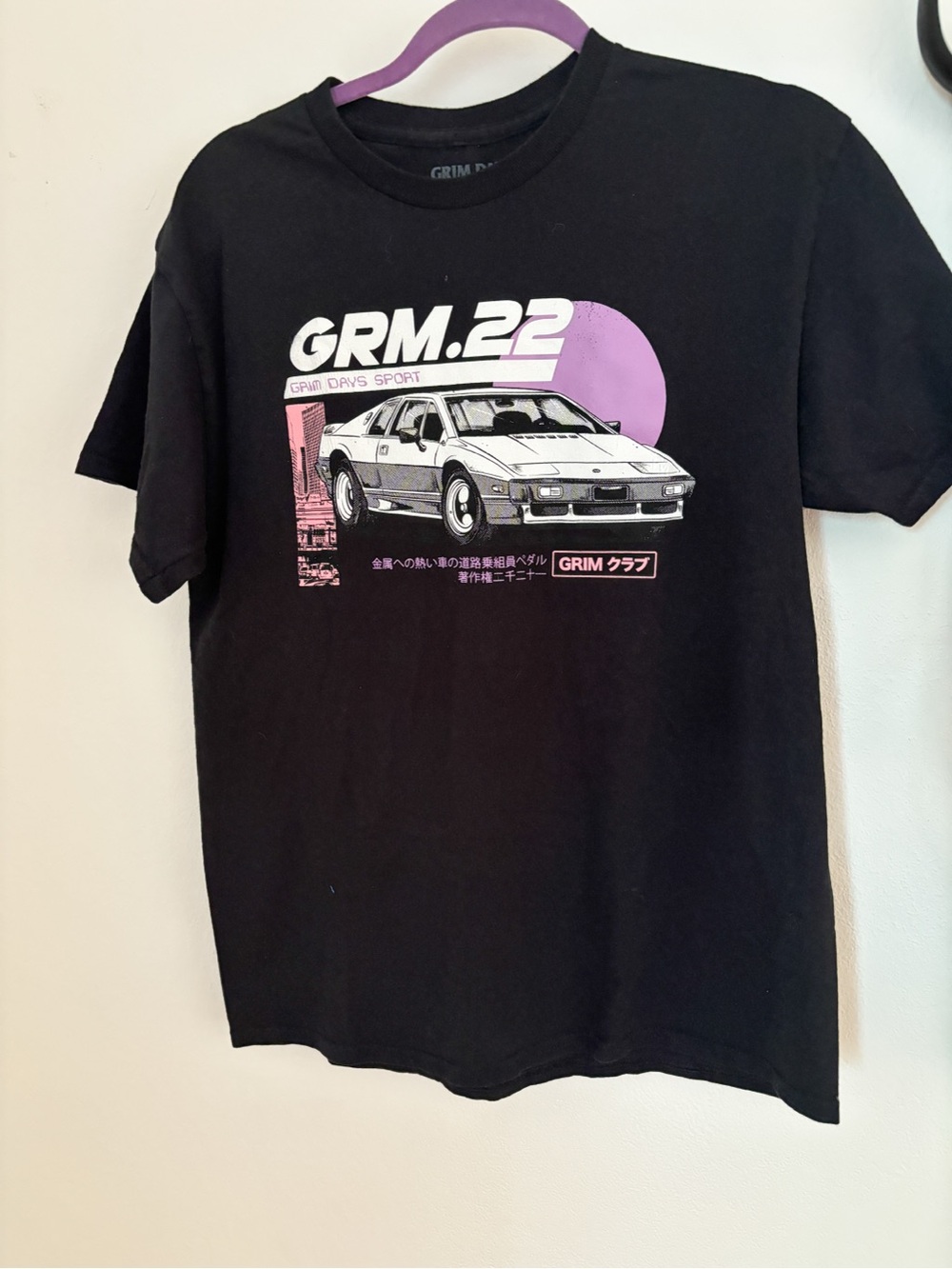 Grim Days GRM.22 Men's Black Graphic Tee with Purple Accents Retro Car Sz M